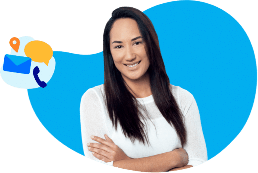 Happy lady smiling with contact us icon