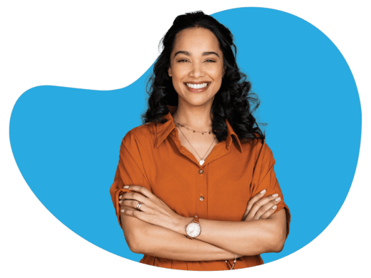 Person with crossed arms, blue background.
