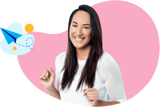 Happy lady with getting started icon
