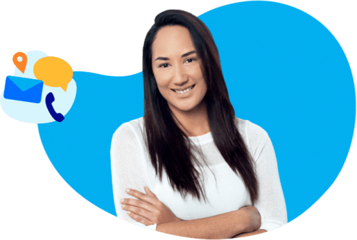 Happy lady smiling with contact us icon