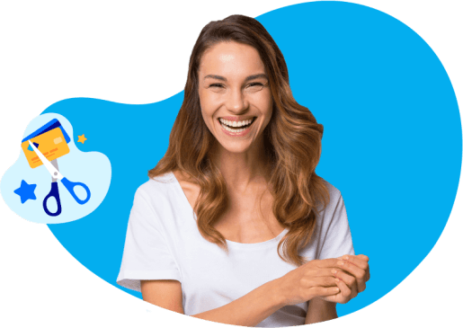 Happy lady smiling with debt consolidation loan icon
