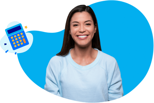Happy lady with personal loan calculator icon