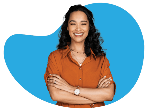 Person with crossed arms, blue background.