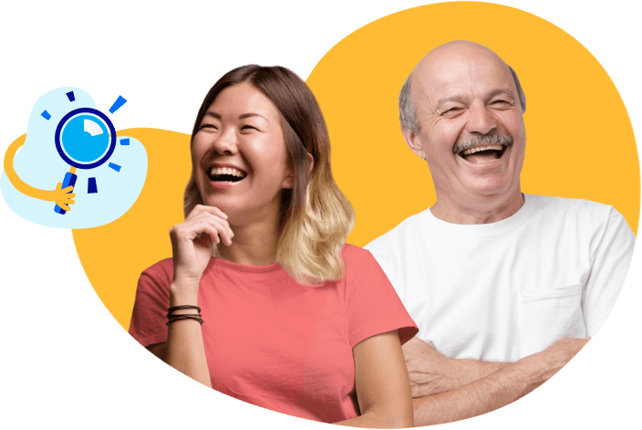 Happy Young girl and Older male with Privacy Policy icon