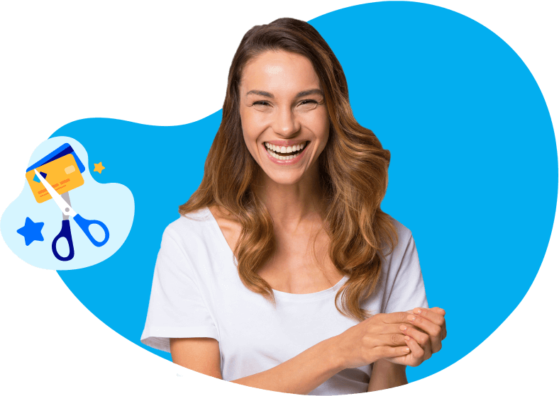 Happy lady smiling with debt consolidation loan icon