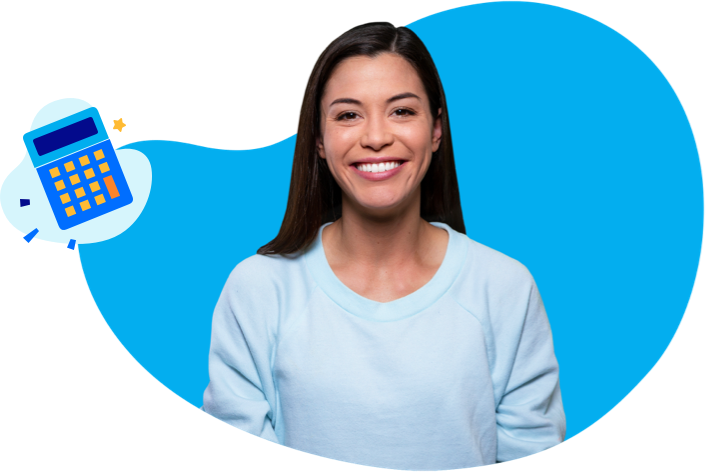 Happy lady with personal loan calculator icon