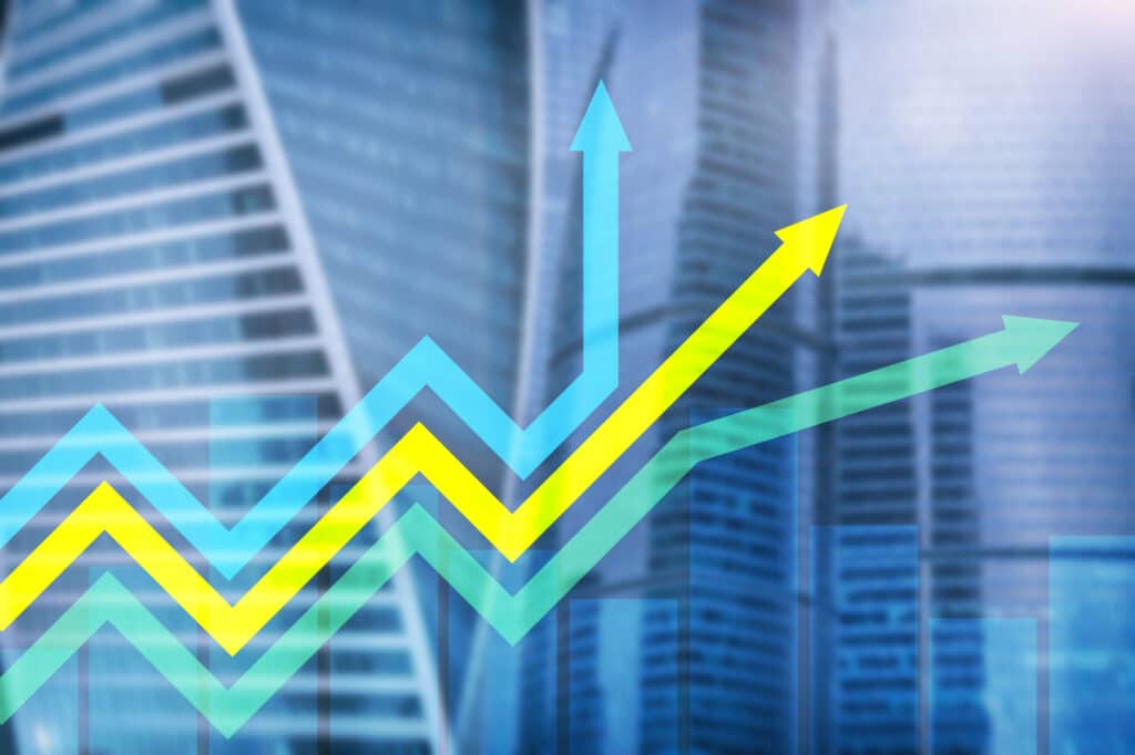 Investment and trading concept image depicting 3 arrows pointing in various directions