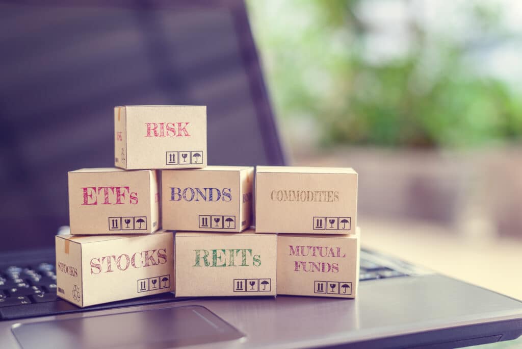 Boxes of financial products e.g risk, ETFs, bonds, commodity, stocks, REITs, mutual funds.