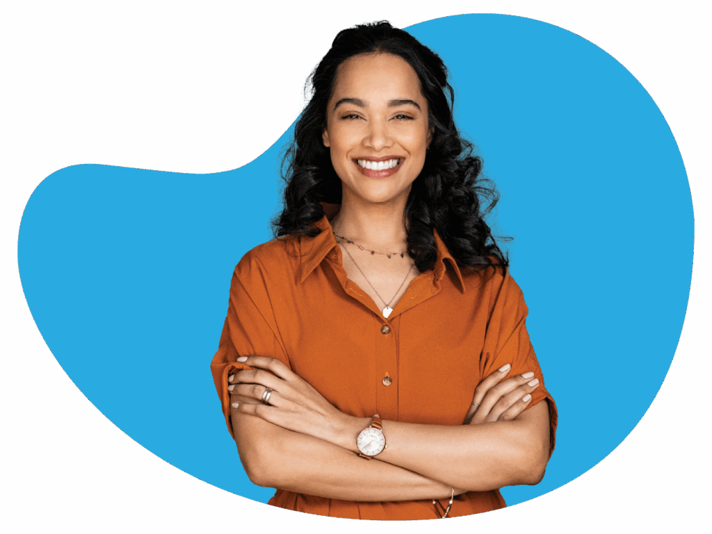 Home 2 Person with crossed arms, blue background.