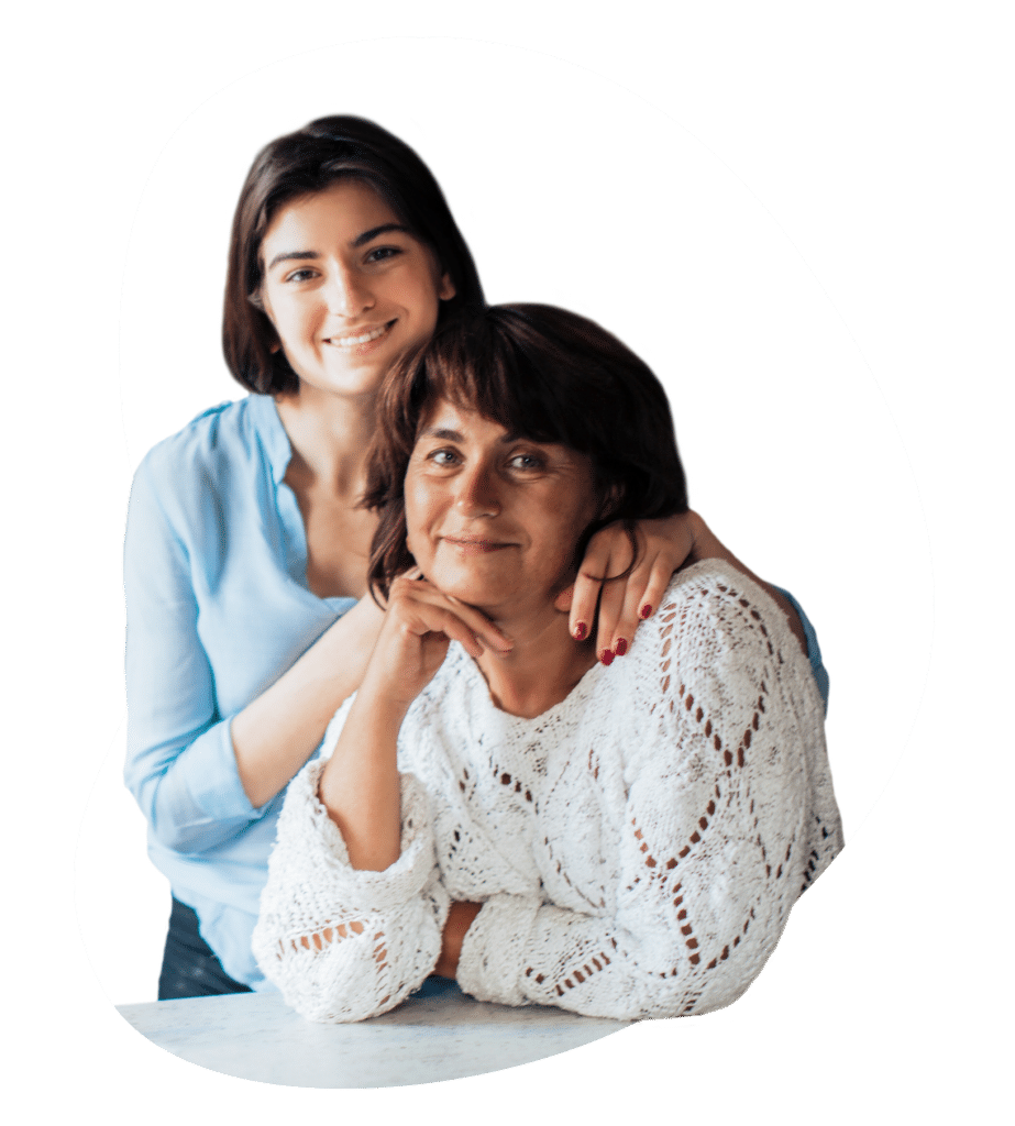 Smiling mother and daughter together.