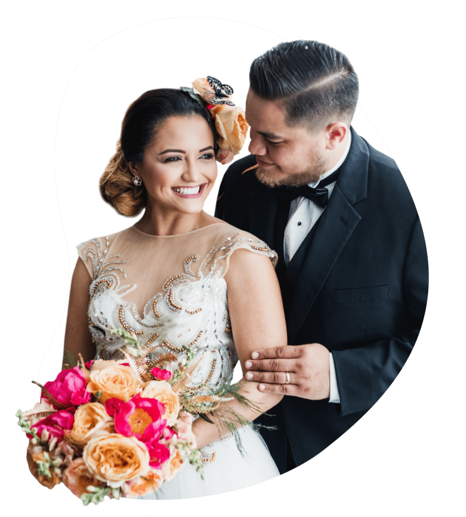 Happy couple with colorful bouquet