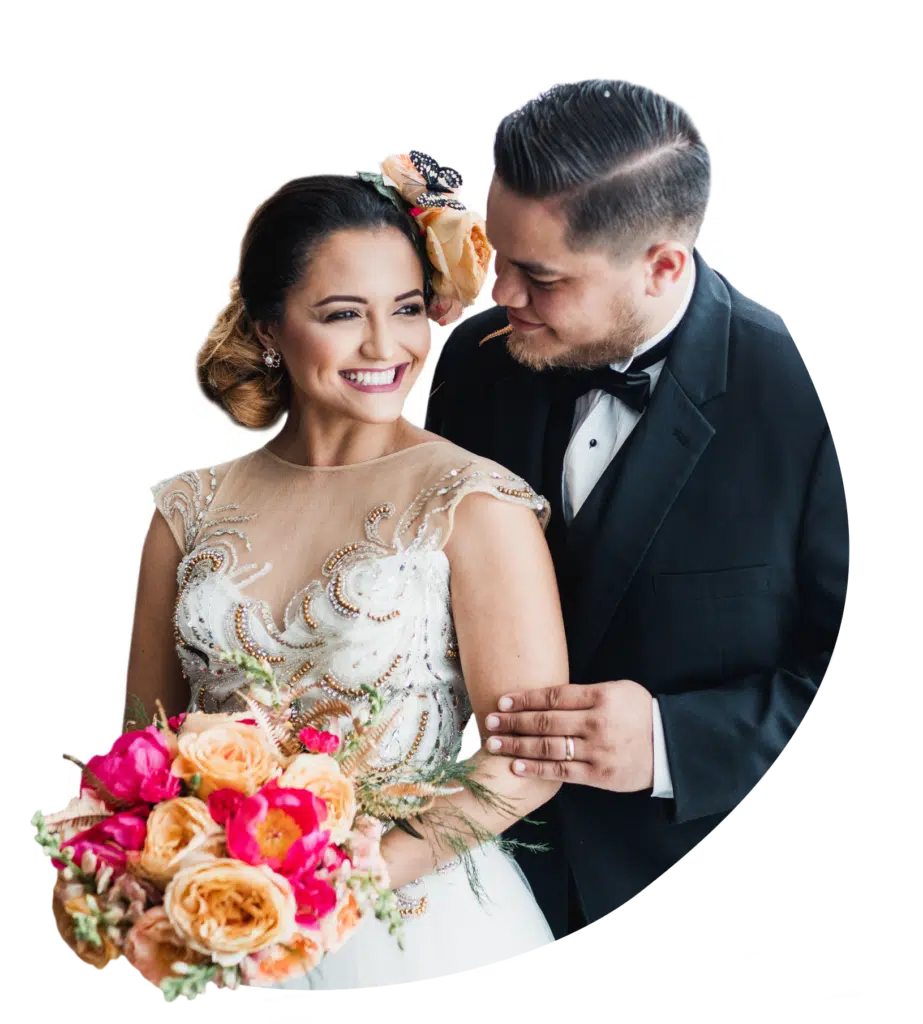 Happy couple with colorful bouquet